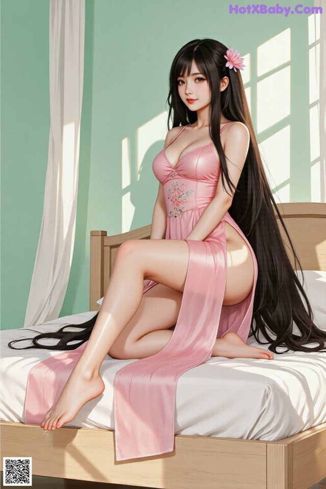 A woman in a pink dress sitting on a bed.