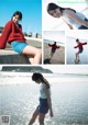 A collage of photos of a woman on the beach.