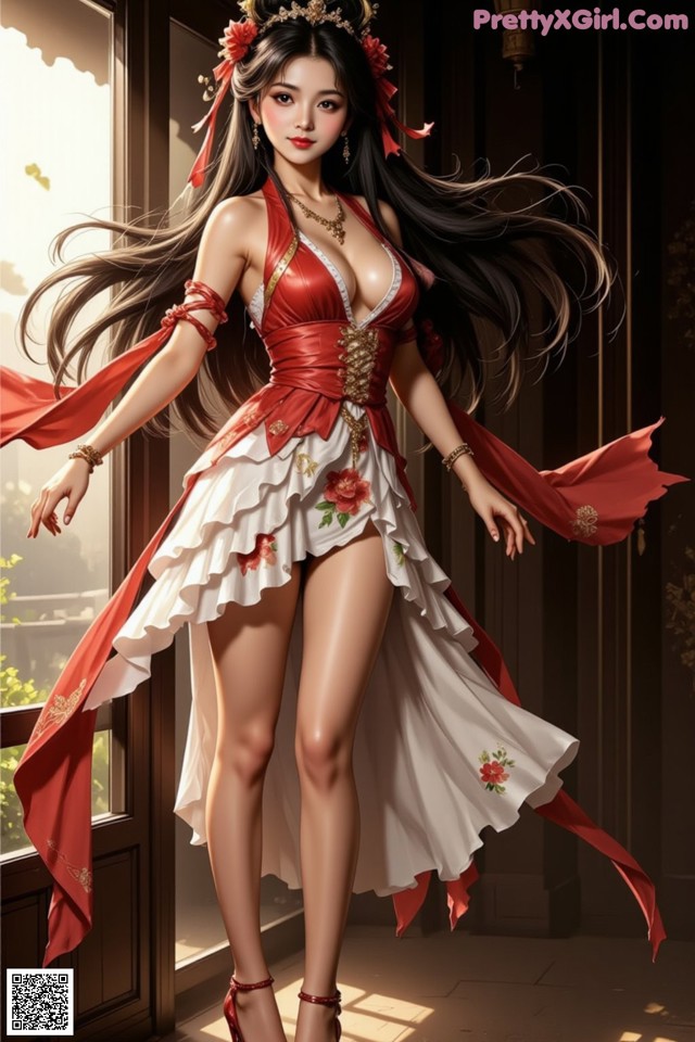 A woman in a red and white dress standing by a window.