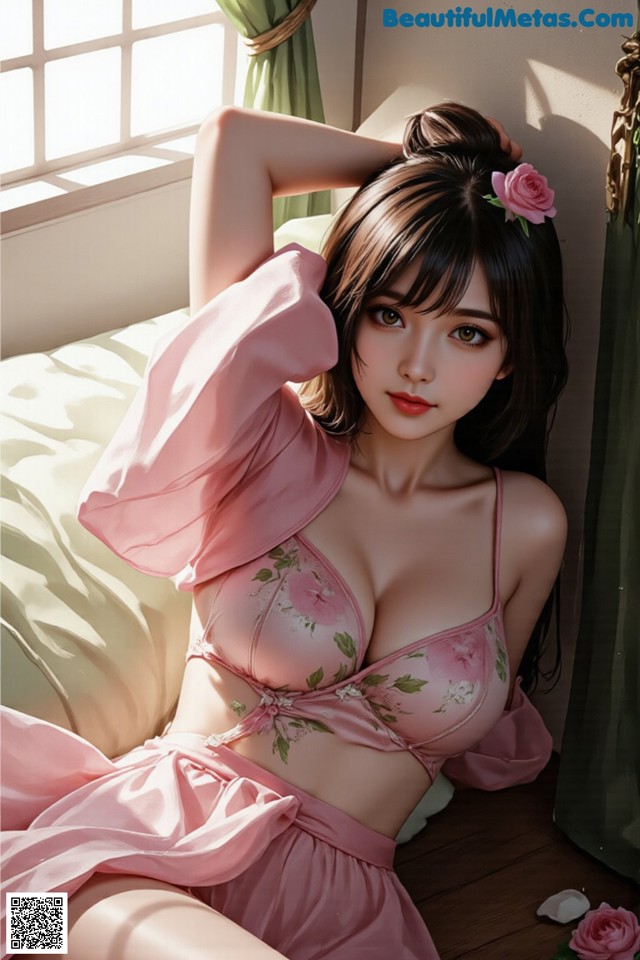 A woman in a pink lingerie sitting on a bed.