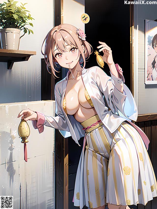 A woman in a kimono holding a key in her hand.