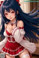 Anime girl with long blue hair wearing a red and white dress.