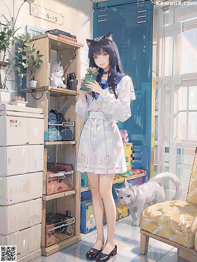 A girl in a white dress holding a cat in a room.